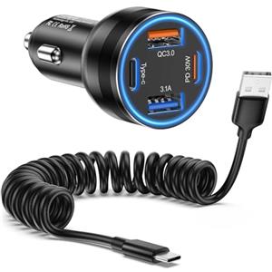 Avatcen Caricatore Auto USB C, 65W 4-Porte QC3.0 & PD30W Adattatore Accendisigari USB Auto Presa Accendisigari 12v Con cavo a Spirale da Tipo C per Samsung S24 S23 S22 S21 Tablet(A-C Cable)