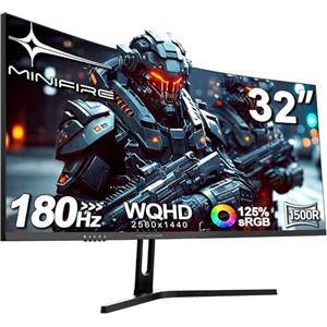 Minifire Monitor Gaming 32 pollici Curvo, PC Monitors Ultrawide WQHD(2560 x 1440), 180Hz, 1Ms, VA (1500R), UltraLarge, 2xHDMI 2.1 (144HZ), DP 1.2 (180Hz), AdaptiveSync, sRGB125%, DCI-P3 90%, Eye Care