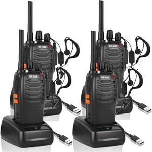 JUAUO Walkie Talkie PMR446 Radio Ricetrasmettitore, 16 Canali Walkie-talkie Professionali Ricaricabili a Lungo Raggio con Auricolare e Luci LED Adatte per Sport All'Aperto, Cantiere (4 Pezzi, Nero)