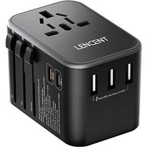 LENCENT Adattatore Universale da viaggio, Caricatore Internazionale con 3 USB e 2 PD Tipo-C, All in One Caricabatteria da Parete in Tutto il Mondo per Telefono, Tablet, Spina Tipo A/C/G/I