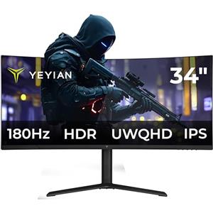 YEYIAN Elysium 34 Monitor Gaming 34 Curvo WQHD | Schermo Ultra Wide | 21:9 | 3440x1440 | Pannello IPS | 180Hz | 1ms | FreeSync | 16M Colori | 120% sRGB | 2 x DisplayPort 1.4 e 2 x HDMI 2.1