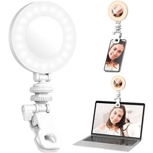 SelfieShow Luce Selfie con Clip, Selfie Ring Light, Luce per Video LED Fotografia con Batteria Portatile, Dimmerabile 3 Modi per iPhone/iPad/Laptop/Vlog (Bianco)