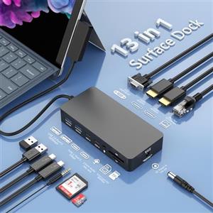 ROCKETEK 13 in 1 Surface Dock Triple 4K Display,Surface Pro Docking Station HDMI+VGA Docking Station Studio Accessori per Surface Pro 11/10/9/8/X/7/6/5/4/3,Laptop 7/6/5/4/3/2/1,Book Laptop Go3/2/1