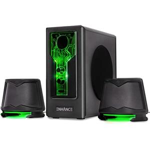 ENHANCE SB 2.1 Altoparlanti per Computer con Subwoofer - Casse Gaming con LED Verte, Sistema Audio ad Alta Escursione, con Jack da 3.5mm, Controllo Volume e Bassi, Compatibili con PC Gaming, Laptop