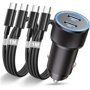 Tepow Caricabatterie Auto USB C, 60W PD Caricabatterie Auto USBC Presa Adattatore Accendisigari USB Carica Batteria per Auto Cellulare con 2x Cavo USBC per Samsung Galaxy S25 S24 S23,iPhone 17 16 15 Pro