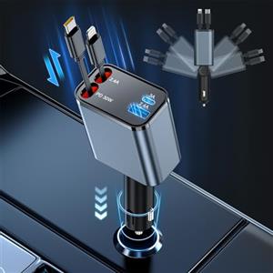 ROCKETEK Caricabatterie Auto Retrattile 69W Con 2 Cavi Retrattili E 2 Porte USB, Ricarica Rapida Compatibile Con iPhone 15/14/13/12/11 Pro Max, iPad, Samsung E Xiaomi