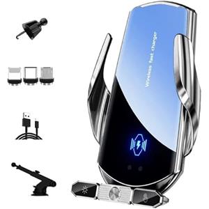 Esenlong Caricabatterie wireless da auto, 15 W, ricarico rapido, supporto per cellulare, presa d'aria, ricarico magnetico, porta USB C/iOS/Micro USB (argento)