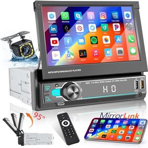 Hikity Autoradio 1 din con Schermo a Scomparsa, 7Pollici Touchscreen Auto Radio Stereo 1 Din a Scomparsa con Bluetooth Radio FM TF USB Tipo-C Mirror Link Telecamera Posteriore Controllo del Volante
