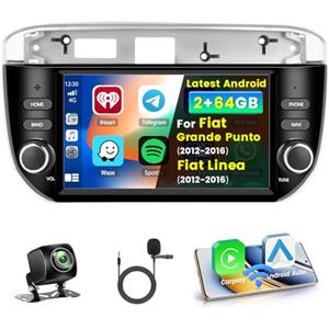 Inefala 2+64G 7'' Android 15 Stereo per Fiat Grande Punto/Fiat Linea 20 | Autoradio con Wireless Carplay/Android Auto Link Specchio GPS Radio FM/RDS DSP WIFI Bluetooth 28 UI SWC USB AHD