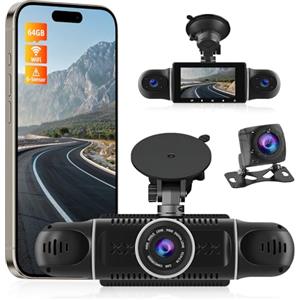 NHOPEEW 4-Kanal Dash Cam - 360°-Drehung vorne hinten innen links rechts 3 Zoll Auto Dashcam - Unterstützung Schleifenaufzeichnung G-Senseor Parking Monirot WiFi + Free 64GB Card