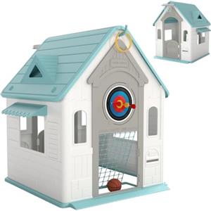 AIYAPLAY Casetta da Giardino per Bambini 5 in 1 132x118x124 cm Multicolore | Palla da Basket, Anelli, Freccette, Porta Calcio, Porte e Finestre, Casa Gioco Casetta da Interno, per Bambini 2-5 Anni