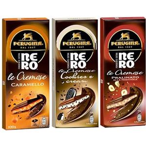 CAIYA Mix Perugina Nero Le Cremose al Cioccolato Extra Fondente Cookies e Cream, Caramello e Pralinato alla Nocciola 100g [3 confezioni]