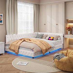 MINGZHE Divano letto 140 x 200 cm, tessuto in lana di agnello, schienale imbottito a forma di L, letto matrimoniale, con illuminazione a LED, porte USB e Type-C, materasso non incluso, beige