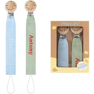TYRY.HU Catenella Portaciuccio con Nome Personalizzata Porta Succhietto Clip di Legno Cotone Bambine Ragazzi Massaggiagengive Ciuccio Clip Baby Regalo, 2 Pezzi