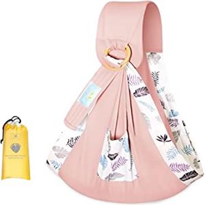 SONARIN Fascia Porta Bebè,Cotone Portabebè Porta Bambino Portantina Bebè Marsupio Neonati Copertina per Allattamento con Anelli Regolabili per Neonati Bambini Fino a 15 kg(Foglia Rosa)
