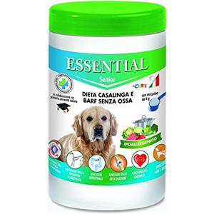 ESSENTIAL Quality is vitality ESSENTIAL CANE SENIOR Integratore per Cani, Dieta Casalinga e Barf Senza Ossa, Ipoallergenico, 650 gr con misurino da 4 gr