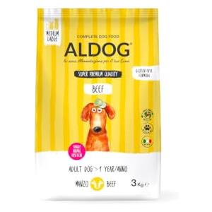 ALDOG Beef Crocchette Monoproteiche al Manzo per Cani Adulti di Taglia Media e Grande, Alimento Secco Completo Made in Italy, Senza Glutine con Glucosamina, Condroitina, MSM e FOS, Formato 3 kg