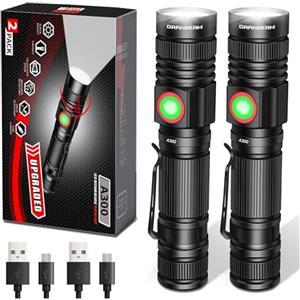 DARKBEAM Torcia LED USB ricaricabile 2000 ad alti lumen, torce tascabili piccole e luminose, luce flash portatile resistente all'acqua zoomabile per campeggio, corsa, emergenza con batterie, 2 Pezzi