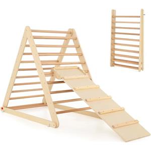 RELAX4LIFE Triangolo da Arrampicata con Scivolo per Bambini, Scala Pieghevole per Arrampicarsi in Legno, Triangolo Stabile, Giocatoli Montessori per Bambini 1+ Anni (Naturale)