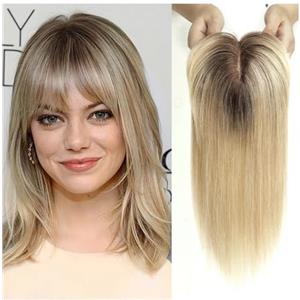 QRSTUVXZY Hair Toppers 4x5.5 Parrucche con Topper in Veri Capelli Umani con Frangia Base in Seta Clip Pezzi Topper Capelli Lisci for Donne Extension for Capelli(14 inch,Ombre Brown Blonde)