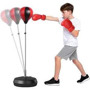 HOMCOM Set Punching Ball da Terra per Adolescenti con Guantoni e Pompa, Pungiball Boxe con Altezza Regolabile su 4 Livelli da 125-145 cm, Nero e Rosso