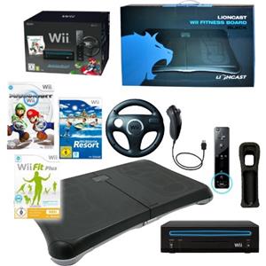 NINTENDO- Console Wii, Mario Kart con volante + Balance Board con gioco Wii Fit Plus (con oltre 60 esercizi), Wii Sports Resort (12 sport), Nintendo Remote Plus e Nunchuk Controller, colore: Nero
