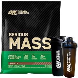 Optimum Nutrition Serious Mass Gainer Proteine Whey in Polvere per Aumentare la Massa Muscolare con Creatina Glutammina e Vitamine Cioccolato 5,45kg 16 Porzioni + SHAKER Plastica + SHAKER Acciaio