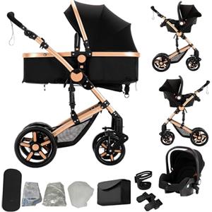 Sianldcone Passeggino 3 in 1 Trio Neonati, Tessuti di Alta Qualità Carrozzina per Neonato, Visione Aperta Passeggino Trolley, Spinta Bidirezionale Passegginos Reversibile (588 Black Gold)