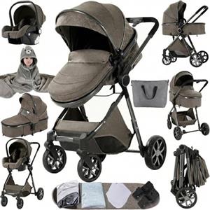 MoLi Passeggino Trio, Passeggino 3 in 1 con Doppia Modalità Push Reversibile, Trio Neonati con Grande Navicella, Carrozzina per Neonati in Alluminio Pieghevole (225 Chocolate)