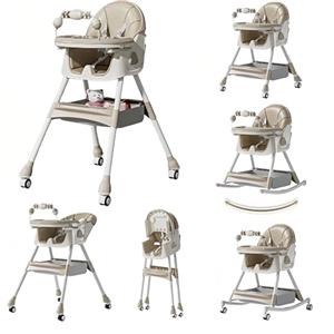 Veitoalioy Seggiolone per Bambini Sedia da Pranzo per Multifunzionale con Doppi Vassoi Staccabili e Ruote Pappa con modalità oscillazione e Schienale Regolabile a 3 velocità (560 Khaki)