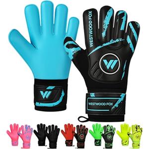 WESTWOOD FOX Guanti da portiere,protezione per le dita,guanti da portiere da calcio,bambini, ragazzi e adulti, (NERO-CIANO, Taglia 7 adatta per bambini dai 10 ai 13 anni, Ambidestro)