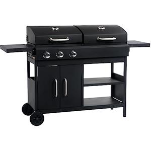 vidaXL Barbecue Combinato Carbone e Gas 3 Fuochi Cappe Termometro Tavolini Robusto Resistente Griglia Ibrida per Esterni Grill in Acciaio