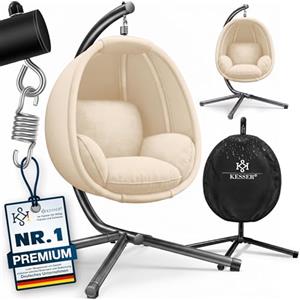 KESSER® Poltrona sospesa Luxe con telaio + morbido cuscino da seduta, imbottitura laterale, seduta e schienale imbottiti, cesto sospeso, per interni ed esterni, cesto a dondolo da giardino, Beige