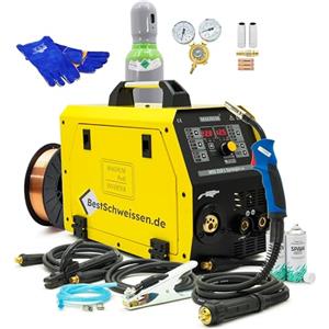 Bestschweissen.de Saldatrice a Filo Continuo MAGNUM MIG 210L Saldatrice Elettrodo 200A Inverter MIG/MAG/MMA Synergia 4x4 No Gas FLUX Professionale + Bombola Argon 8L Filo 5kg Spray Kit Completo (Set1)