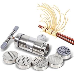 Zerodis Macchina per la Pasta Manuale, Pressa per Pasta Manuale in Acciaio Inossidabile, Macchina Portatile con 5 Stampi per Spaghetti per Spaghetti, Fettuccine, Lasagne