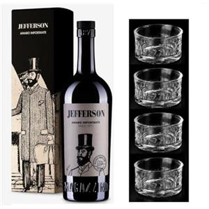 Generic Jefferson Amaro importante 700 ml astucciato + 4 Bicchieri 'Equilibrio' confezione elegantissima originale vecchio magazzino doganale - idea regalo Natale