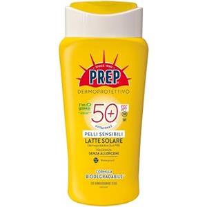 Prep, Latte Solare SPF50+ Protezione Pelli Sensibili, Protezione Raggi UVA/UVB, Con Vitamina E, Succo di Aloe Bio, Senza Parabeni, Allergeni, Fragrance Free, 200ml