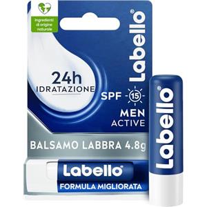 Labello Active For Men 4.8 g, Burrocacao labbra SPF15, Balsamo labbra idratante con burro di karité e oli naturali, Burrocacao protezione solare fondente sulle labbra