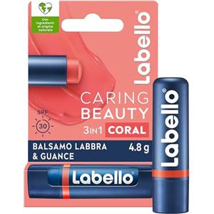 Labello Caring Beauty Lip & Cheek Coral 4.8 g, Burrocacao labbra e guance con una nota di colore corallo, Balsamo labbra colorato e blush stick 2 in 1, Lip balm idratante con protezione SPF 30