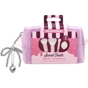 Real Techniques Sweet Tooth Treat Yourself Travel Brush & Puff 5 Piece Set, Mini Makeup Brush Set with Powder Puff, Travel Makeup Brushes for Foundation, Concealer, Blush & Powder, Cruelty-Free