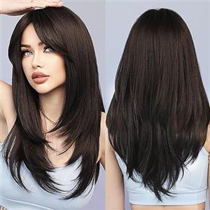 7JHH WIGS Parrucca lunga nera naturale con frangia parrucche dritte per donne parrucche sintetiche a strati resistenti al calore per uso quotidiano