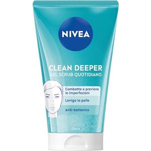 NIVEA Clean Deeper Scrub Viso Quotidiano 150 ml, Scrub esfoliante antibatterico, Esfoliante viso con Acido Lattico, Previene brufoli e punti neri, Non comedogenico, Detergente pelle grassa e mista