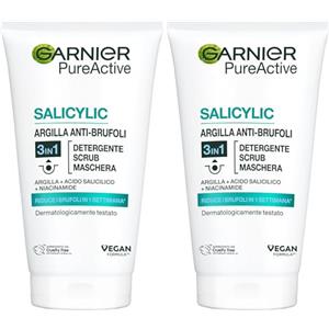 Garnier Skin Active Pure Active 3in1 Argilla, Pelli Miste - Con Imperfezioni Detergente + Scrub + Maschera, 150 ml (Confezione da 2)
