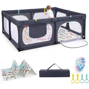 LIFEZEAL Recinto Bambini con Tappeto Gioco, 189x158cm, Box Neonato con Materassino, Box Bimbo 0~36 Mesi con Borsa, Anelli e Palline Colorate, Recinto Neonati in Rete Traspirante (grigio scuro)