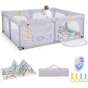 LIFEZEAL Recinto Bambini con Tappeto Gioco, 189x158cm, Box Neonato con Materassino, Box Bimbo 0~36 Mesi con Borsa, Anelli e Palline Colorate, Recinto Neonati in Rete Traspirante (grigio chiaro)
