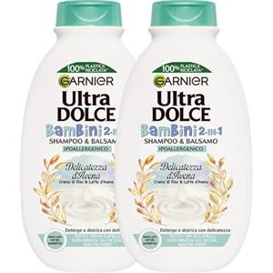 Garnier Ultra Dolce Shampoo Balsamo 2in1 Ipoallergenico per Bambini Delicatezza d'Avena con Crema di Riso e Latte d'Avena Districante Delicato Testato Sotto Controllo Pediatrico - 2 Flaconi da 400ml
