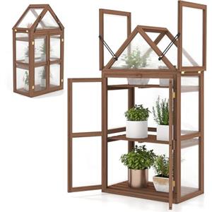 HOMASIS Mini Serra da Giardino a 3 Livelli Trasparente in Policarbonato, Serra da Balcone Invernale con 2 Porte, Tetto Apribile e Ripiani Regolabili, Struttura in Legno di Abete, 71 x 41 x 133 cm