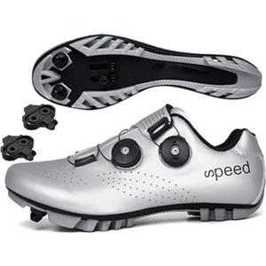 Hixingo Uomo Scarpe MTB Donna Scarpe Mountain Bike Compatibili Pedali SPD, Pelle Verniciata Unisex Scarpe Ciclismo Traspirante All'aperto per Bici (Argento,43)