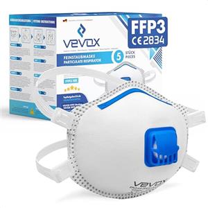 VEVOX® Mascherine FFP3 - scatola da 5, 10, 20 o 5000 - con guarnizione comfort plus - mascherina FFP3 - maschera filtrante respiratoria FFP 3 con valvola - certificata CE per la massima protezione