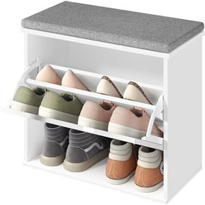 VASAGLE Panchina Scarpiera a 3 Ripiani per 6 Paia di Scarpe, Panca da Ingresso, Cassetto a Ribalta con Divisorio Regolabile, 30 x 60 x 53,5 cm, per Camera, Bianco Nuvola e Grigio Tortora LSB121WB01